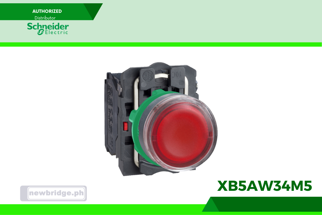 XB5AW34M5- Harmony, Illuminated push button, plastic, flush, red, Ø22, spring return, 230...240 V AC, 1 NO + 1 NC