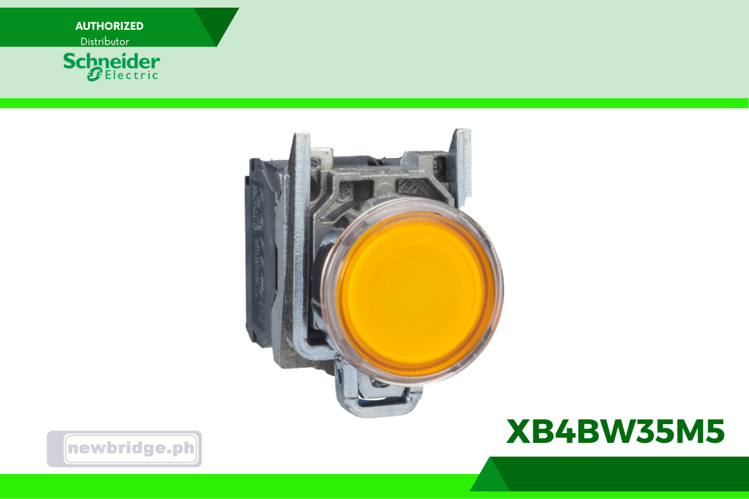 XB4BW35M5, Harmony XB4, Illuminated push button, metal, flush, orange, Ø22, spring return, 230...240 V AC, 1 NO + 1 NC