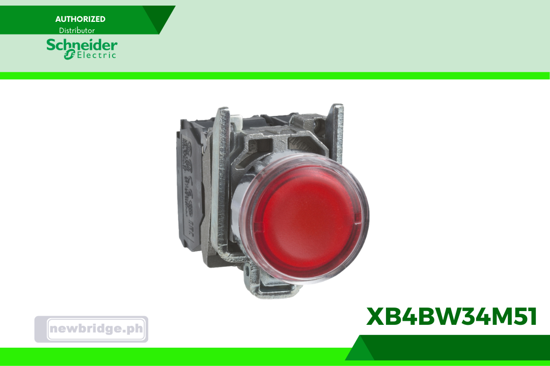 XB4BW34M5- Harmony XB4, Illuminated push button, metal, flush, red, Ø22, spring return, 230...240 V AC, 1 NO + 1 NC