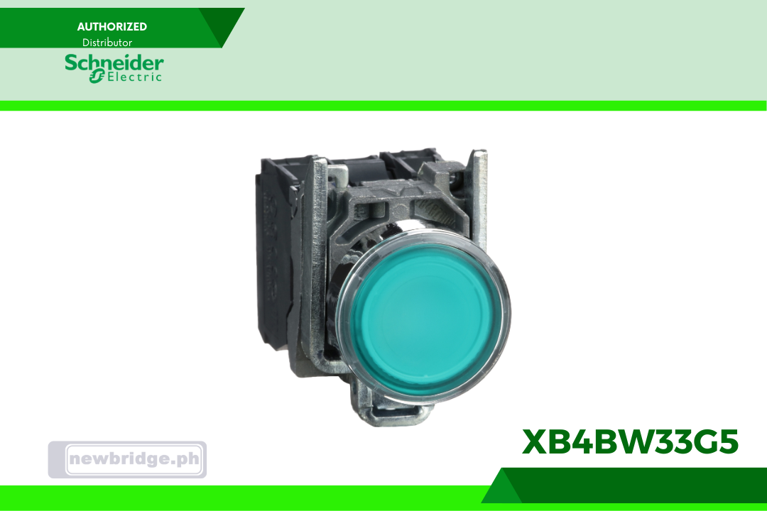 XB4BW33G5- Harmony  (green) Illuminated push button, metal, flush, Ø22, spring return, 110...120 V AC, 1 NO + 1 NC