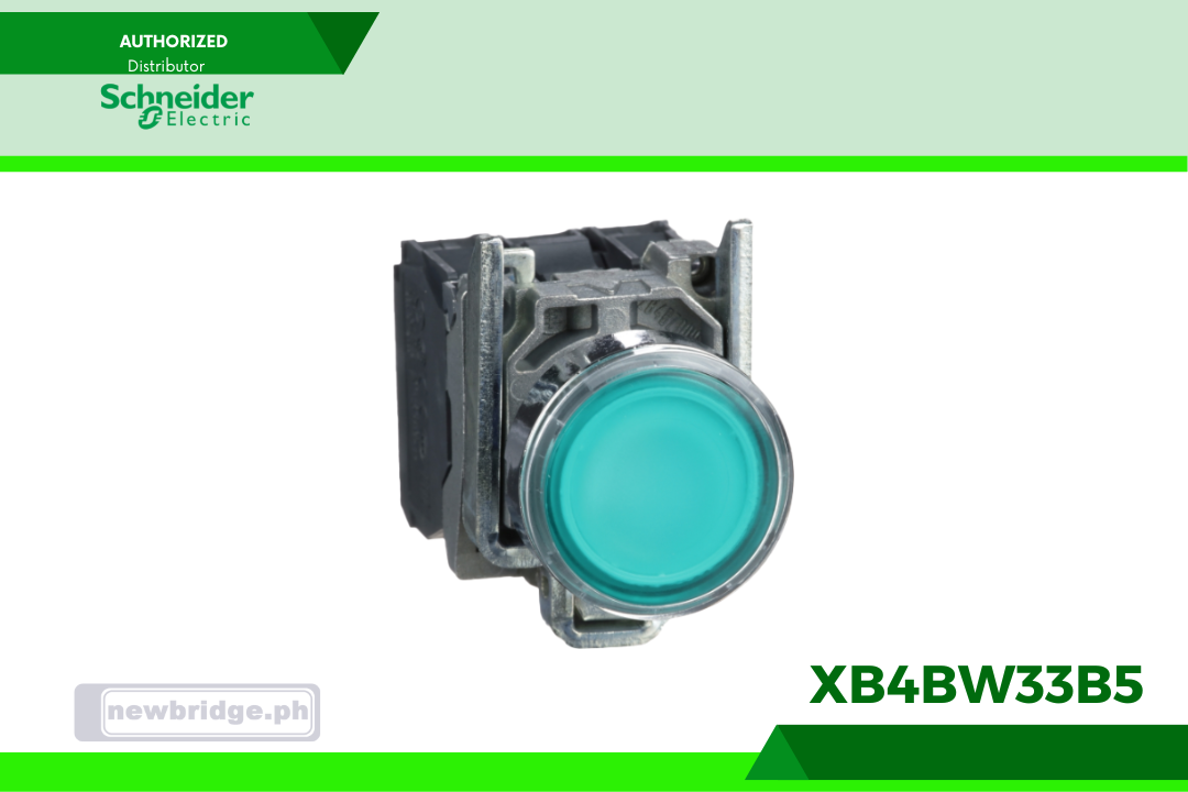 XB4BW33B5- Harmony, Illuminated push button, metal, flush, green, Ø22, spring return, 1 NO + 1 NC 24 V AC/DC