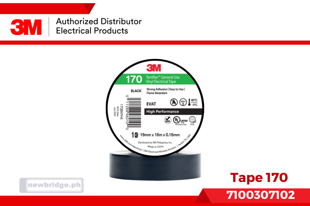 3M Electrical Tape 170, 19mm x 16m x 0.18mm, flame resistant, strong adhesion - Newbridge 3M Tape 170 Black