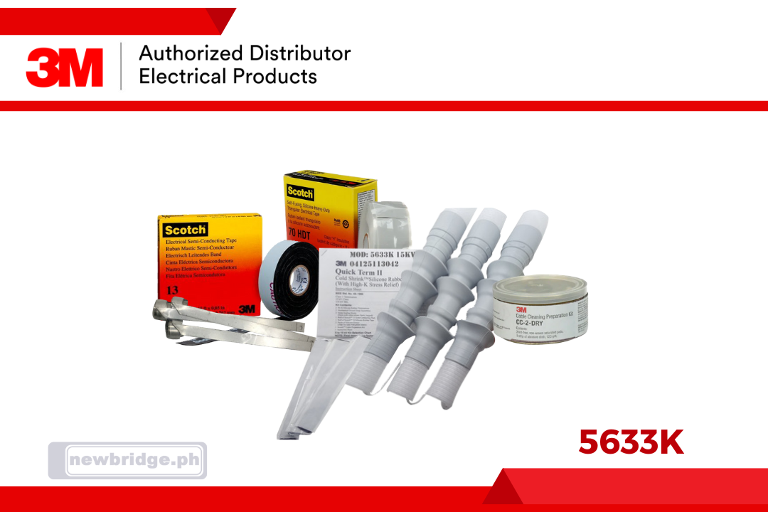 5633K, 3M™ Cold Shrink QT-II Termination Kit, Tape/Wire/UniShield® Shielding, 5-15 kV, Cable Ins. OD 0.64-0.90 in, 3/kit